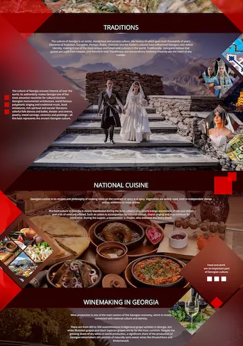 Веб-сайт: Georgia. Сайт, створений за допомогою сучасних веб-технологій має на меті познайомити відвідувачів з багатогранною Грузією, демонструючи її багаті традиції, неповторну кухню та мальовничу природу, щоб заохотити до її відвідування та поглибити культурне розуміння.